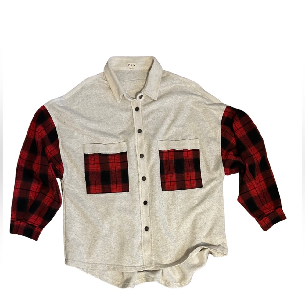 Shacket with red plaid sleeves and pocket